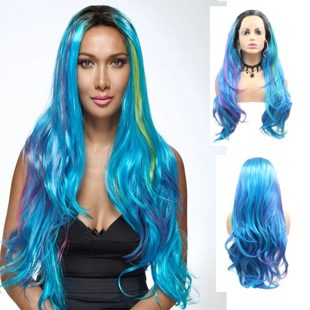 Blue Wig 3-color Lace Front Wig, Dark Root Wavy Side Hair Growth, Suitable For Cosplay Party