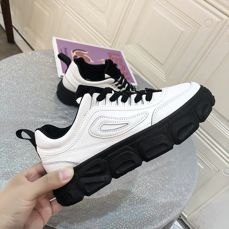 

Fashion Spring White Platform Sneakers Women Shoes Thick Bottom Dad Chunky Sneakers Leather All-match Women's Vulcanize Shoes