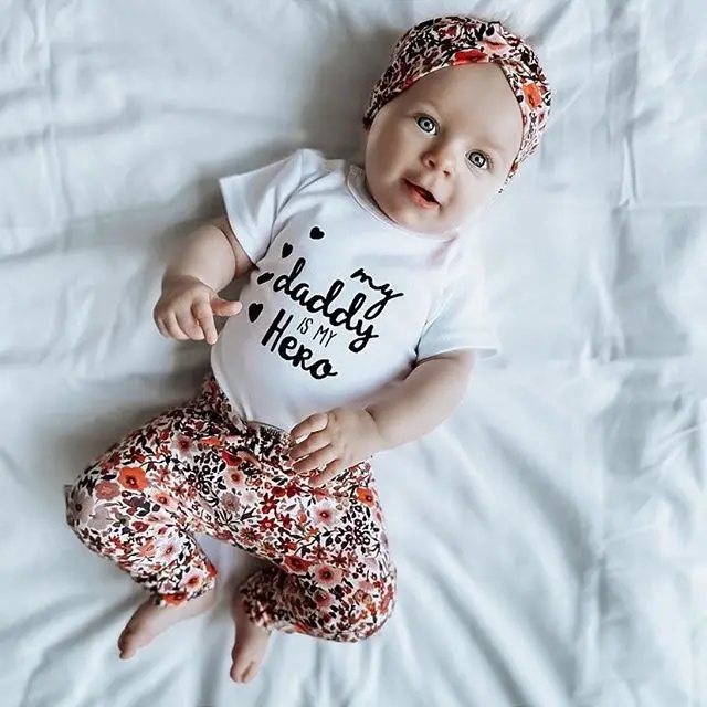 

0-18M Cute Newborn Baby Girls Boys Clothes Sets 3pcs Letter Print Short Sleeve Romper Floral Pants Headband Summer Set