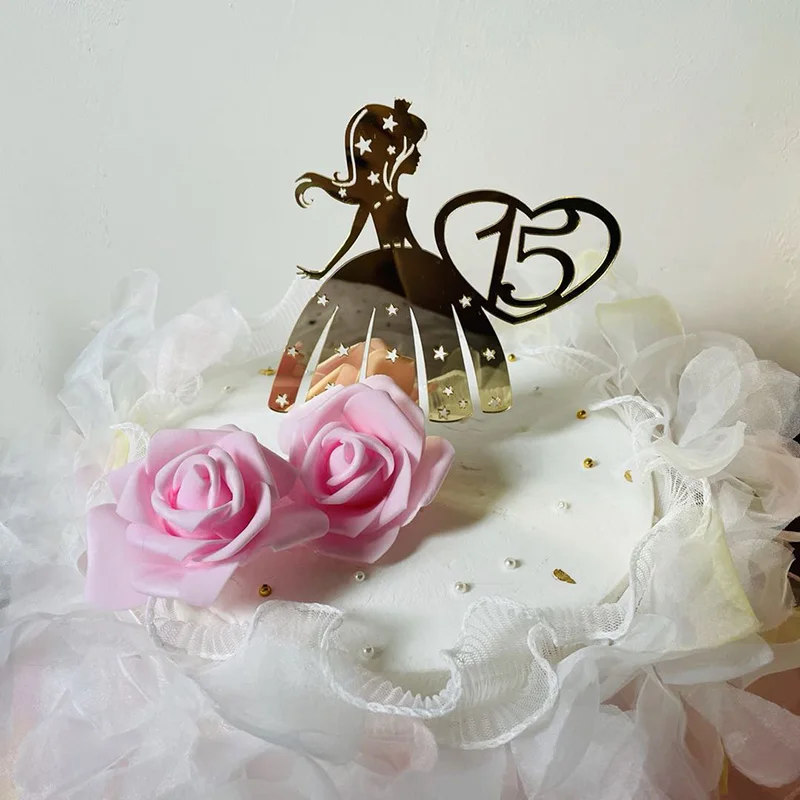 

New Happy 15th Birthday Acrylic Cake Topper Golden Princess Baking Cake Topper for Girls Birthday Party Cake Decoration Supplies