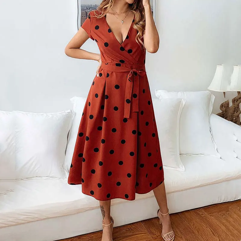 

2020 Summer A Line Dress Polka Dot Holiday Long Party Dress Dot High Waist V Neck Elegant Long Maxi Dresses For Women