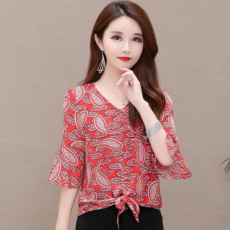 Женская шифоновая блузка с цветочным принтом и V-образным вырезом | одежда