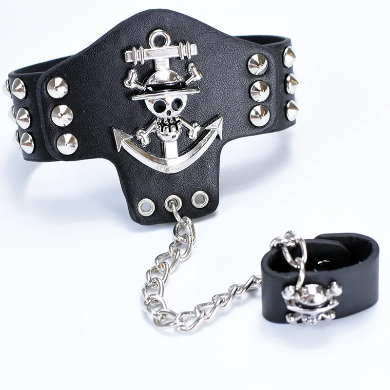 Цельный аниме браслет с подвеской в виде черепа высшего класса черные кожаные