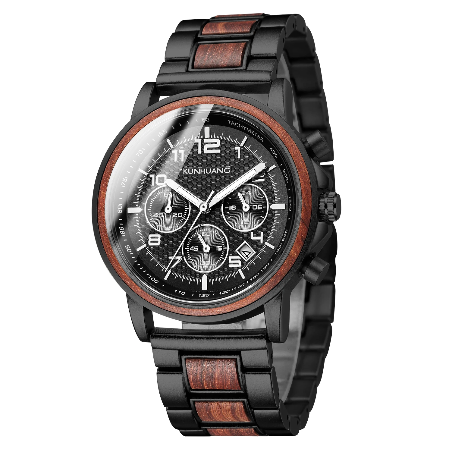 

2021 KUNHUANG New Chronograph Men's Watches Waterproof Sport Metal Wood Watch for Man Relogio Masculino