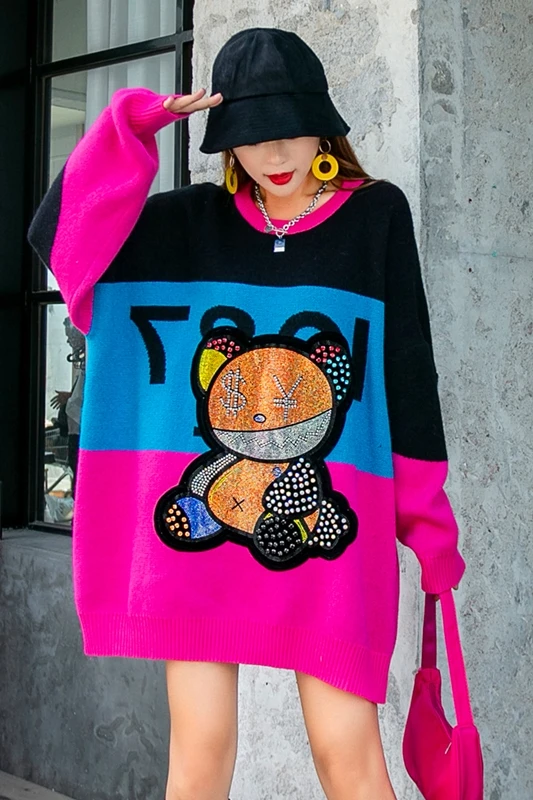 Горячая Распродажа Весна 2022 женский свитер с принтом медведя Стразы цветной в