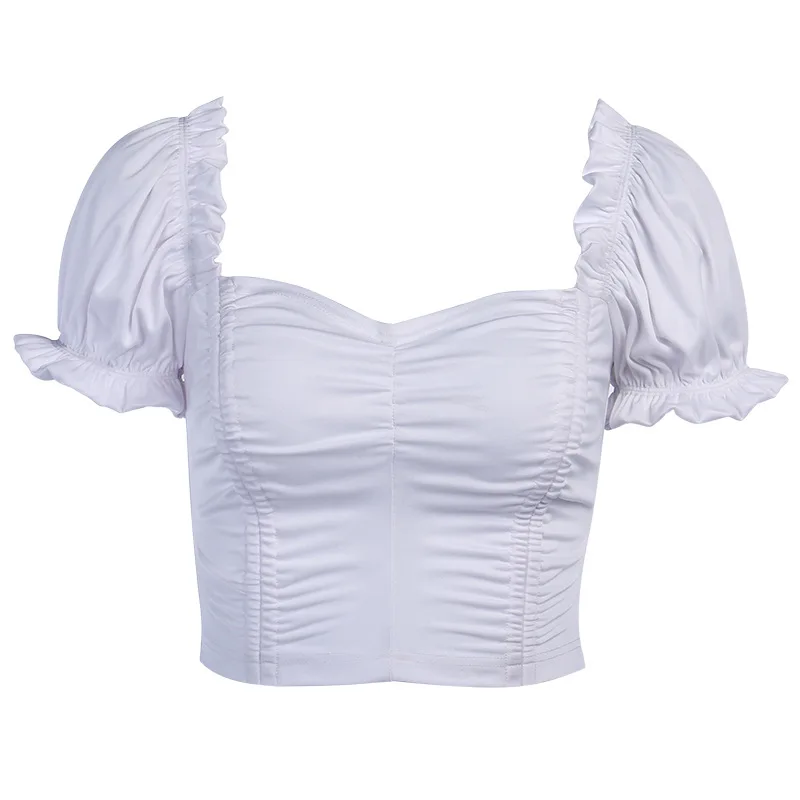 

2021 summer new fresh pure color pleated navel exposed T-shirt women