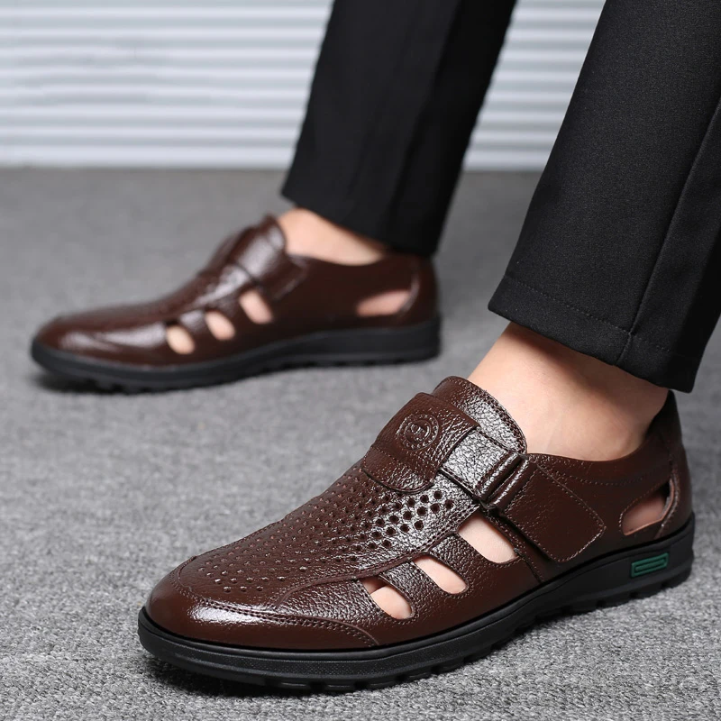 

Drop Shipping Summer Men's Sandals Hollow Genuine Leather Breathable Soft Casual Outdoor Men Shoes Beach Footwear Flat