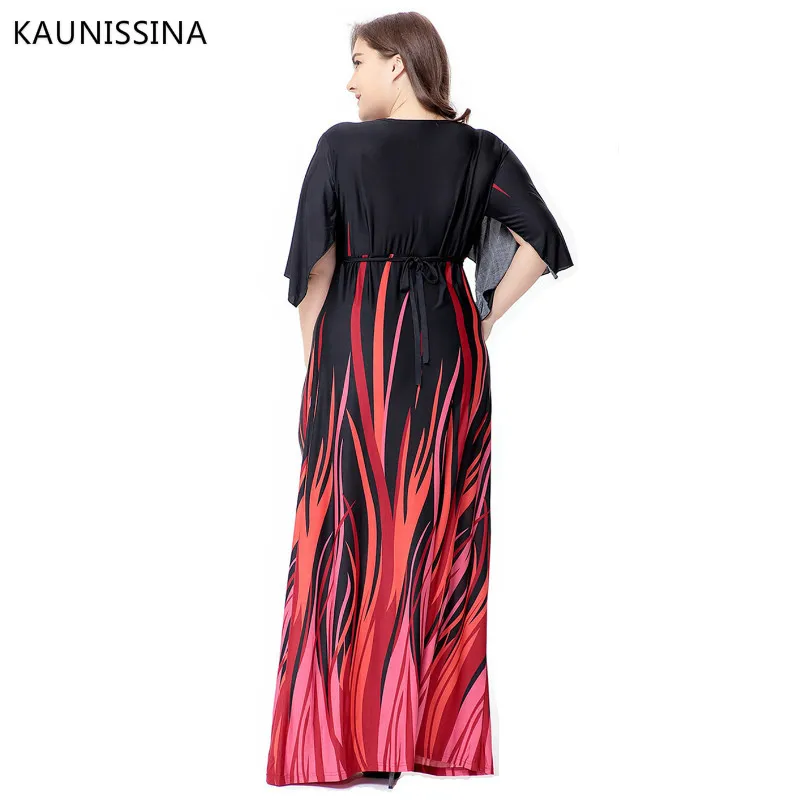 

KAUNISSINA Plus Size Cocktail dresses V-Neck half sleeve High Waist Loose Party Dress Print Long Cocktail Robes