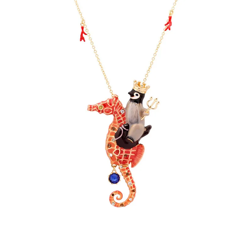 

European and American New Fashion Trend Cute Cartoon Animal Literary Fan Jewelry Painted Seahorse and Animal Necklace Female