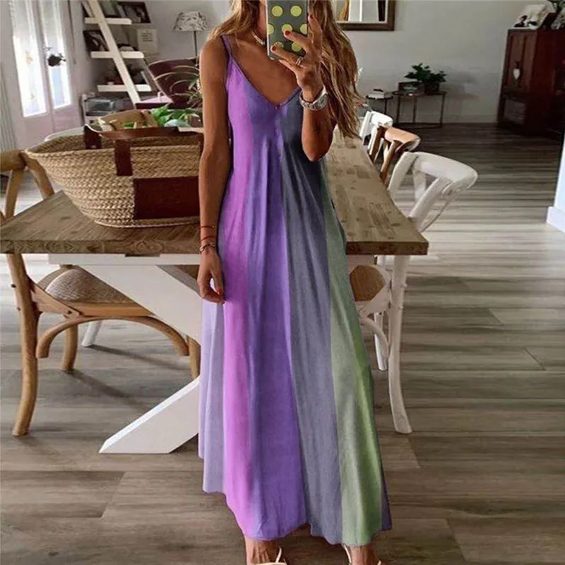 

Women V-Neck Midi Dress Summer Beach Sundress Printed Sleeveless Casual Daliy Boho Long Maxi Dress Vestidos De Verano
