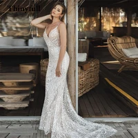 shiny sequines v neck long boho wedding dresses sparkly sleeveless mermaid beach bridal gowns sleeveless country bride dress