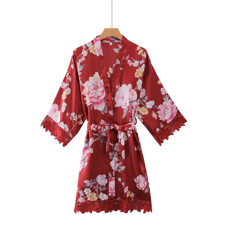 burgundy YUXINBRIDAL халаты с цветочным принтом с кружевной отделкой цветочный атласный Шелковый Свадебный невесты кимоно для невесты Халаты вечерние халат свадьба - Цвет: burgundy