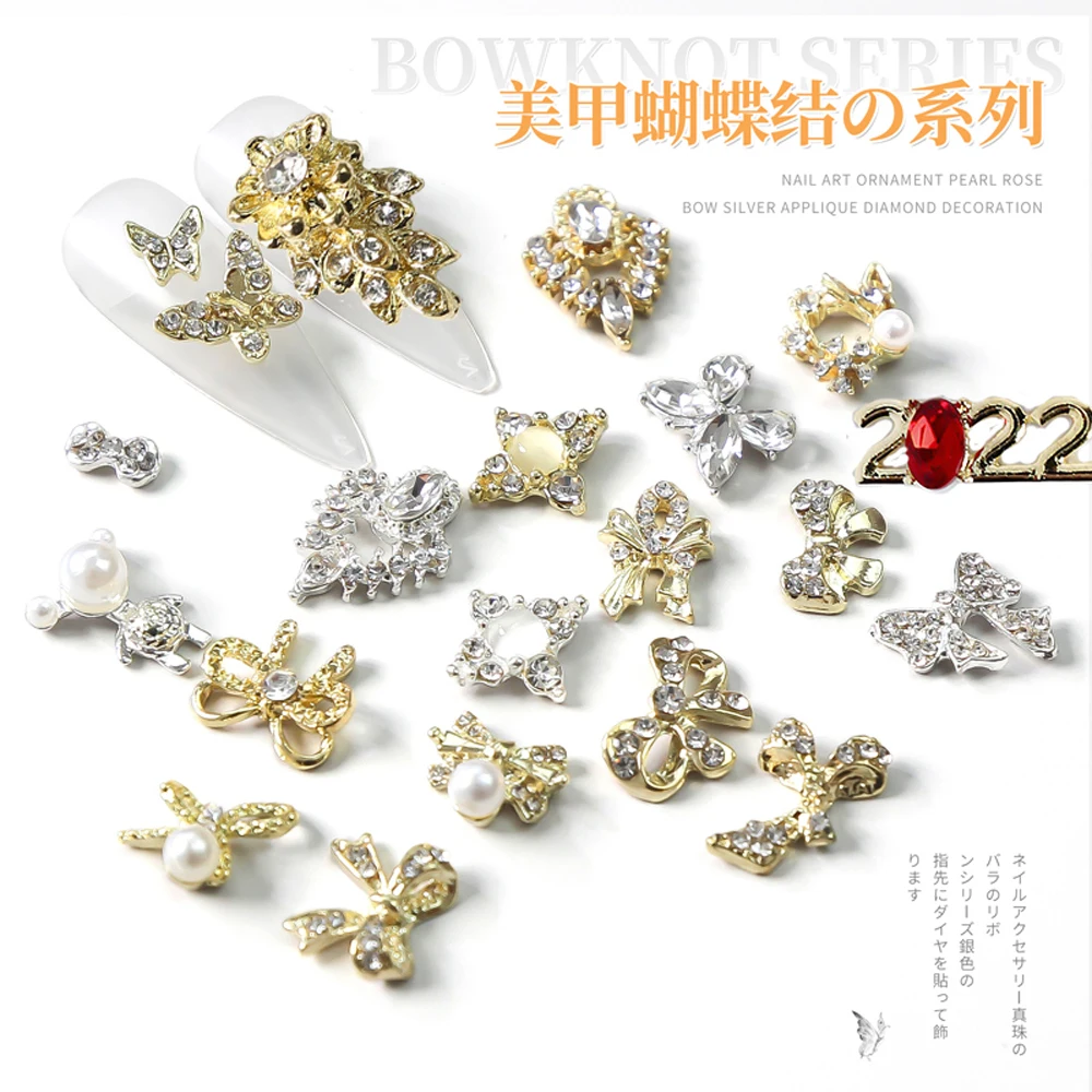 

10Pcs/Bag Metal Zircon Butterfly Nail Art Charms Retro Alloy Pendant Accessories Rhinestone Pearl Japanese Bowknot Nail Parts S4