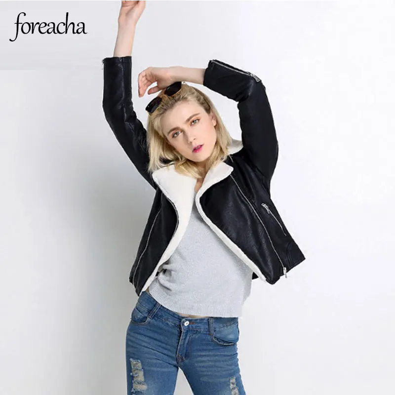 

Осенне-зимняя новая женская куртка foreacha с меховым воротником на молнии с длинным рукавом черная натуральная короткая женская кожаная куртк...