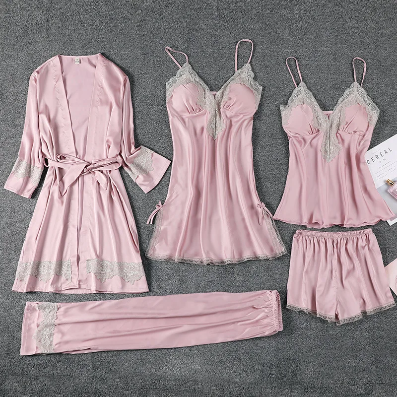 

Pink Women 5PCS Spring Autumn Pajamas Set Sweet Lace Trim Faux Silk Home Wear Sexy V-Neck Top&Pant Nightwear Lounge Sleepwear
