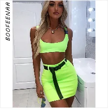BOOFEENAA, сексуальный светоотражающий неоновый зеленый комплект из 2 предметов, летняя трендовая одежда для женщин, купальный костюм, шорты и укороченный топ, C54-I12
