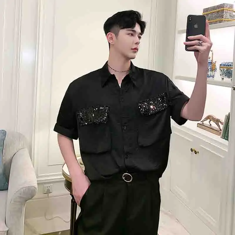 

Half sleeve mesh red handsome clothes men's Korean stitching shirt summer shirt men's Korean slim sequins short sleeves