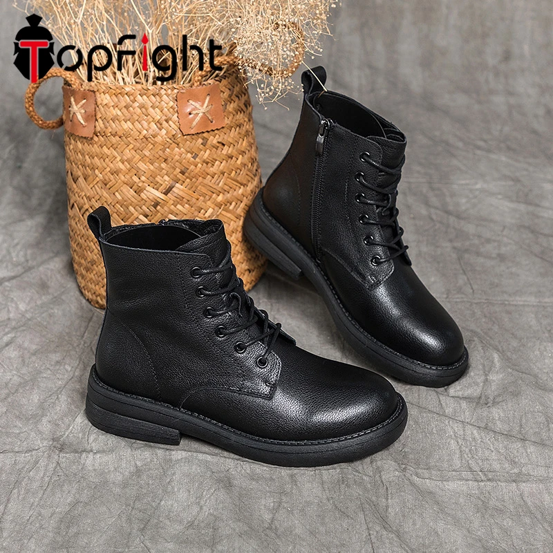 

Topfight Autumn/Winter Women Warm Boots Round Toe Low-Heel Shoes Leather Plush Ankle Boots Black Female Fashion Platform Booties