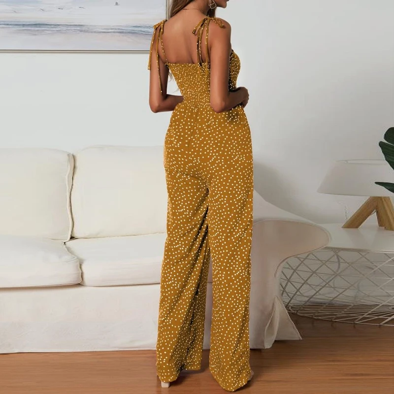 

Women Summer Jumpsuit Polka Dot High Waist Rompers Boho Spaghetti Strap Wide Leg Pants Jumpsuit Yellow Size M