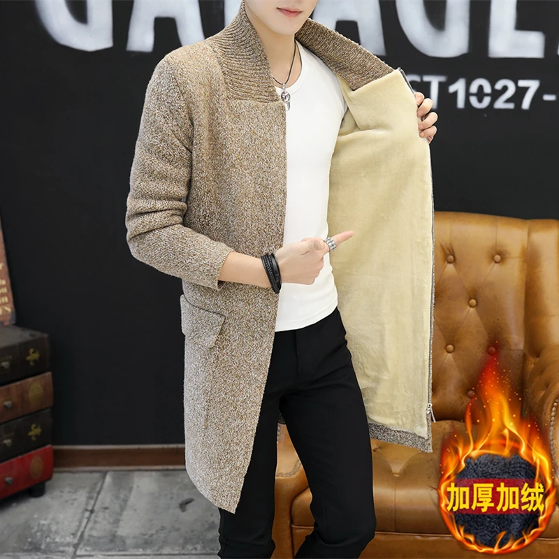 Модный мужской вязаный кардиган трикотажная одежда длинное пальто облегающий