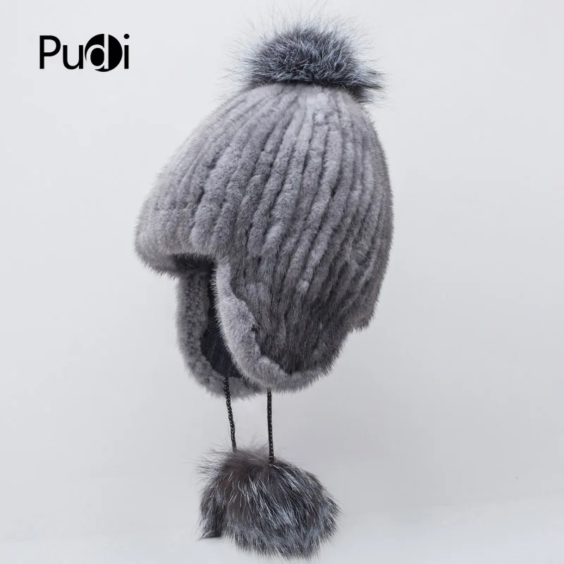 

Pudi HF7042 Ms Новая меховая шапка из натуральной норки модные черно-бурой лисицы с шерстяными помпонами для крупных девушек, дизайн модная зимня...