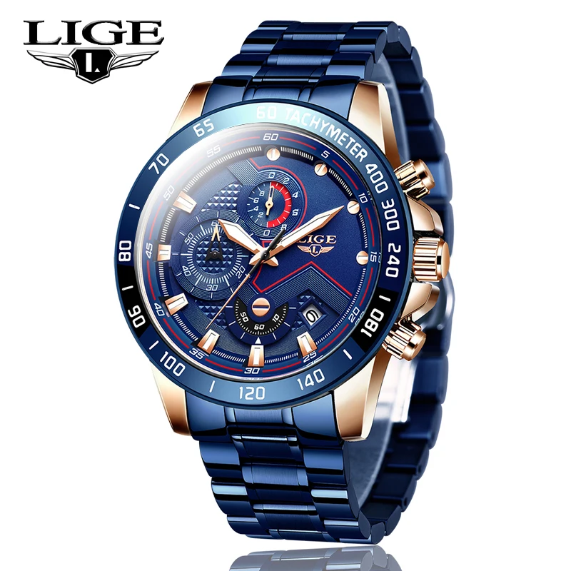 Часы наручные LIGE Мужские кварцевые брендовые Роскошные спортивные