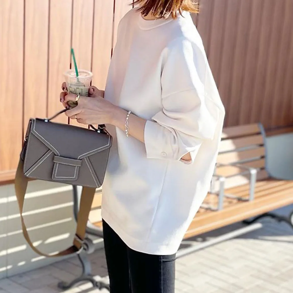 

Простой женский модный пуловер с переключением алфавита, толстовка средней длины с длинным рукавом и круглым вырезом, белая Простая Повсед...