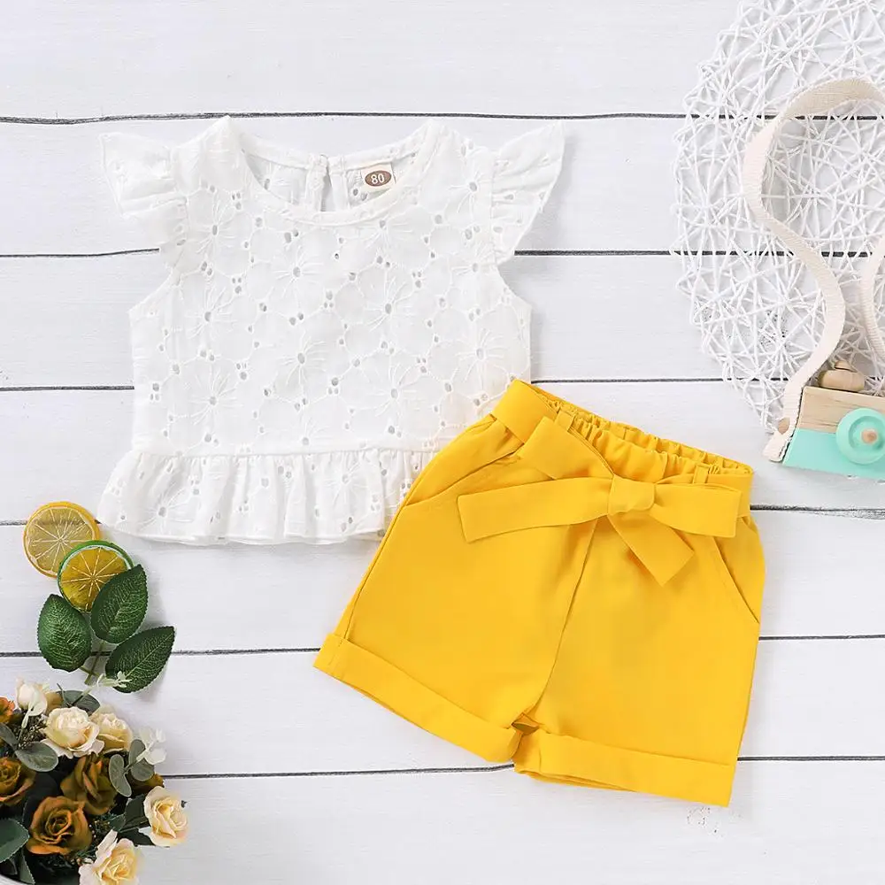 

Детская одежда костюм для девочек модный кружевной топ без рукавов + однотонные шорты + повязка на голову костюм-тройка