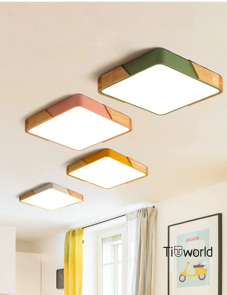 Nordic Square Oak Alloy Led Chandelier Lighting Living Room App Dimmable Led Ceiling Chandelier Lamp Bedroom Led Lights Fixtures