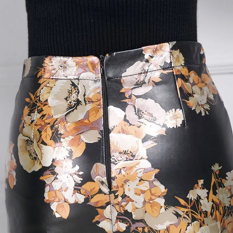 

2020 New Fashion Floral Print Design Black Genuine Leather Skirts Mini Pencil Skirt Faldas Sheepskin Bottom Free Ship High Waist