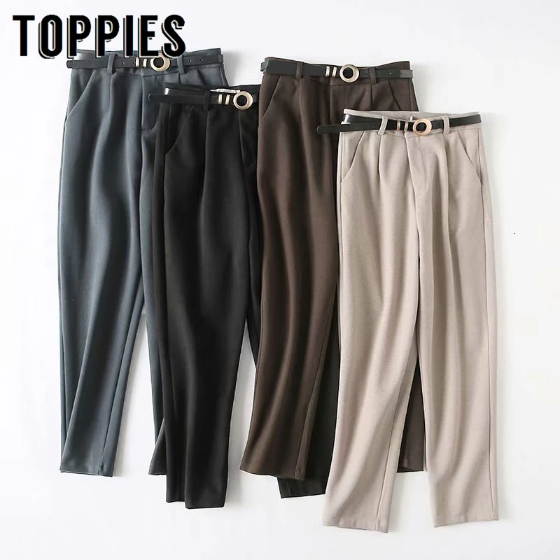 Женские брюки с поясом однотонные прямые высокой талией в Корейском стиле Осень