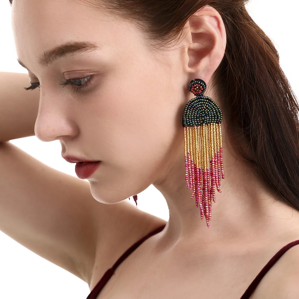 

Original INS Ethnic Style Eardrops Handmade Beaded Color Measle Tassel Earrings European And American Trendy
