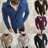 mens woolen coat double breasted casual trench coat wool blend with belt full sleeve turn down neck solid color autumn winter