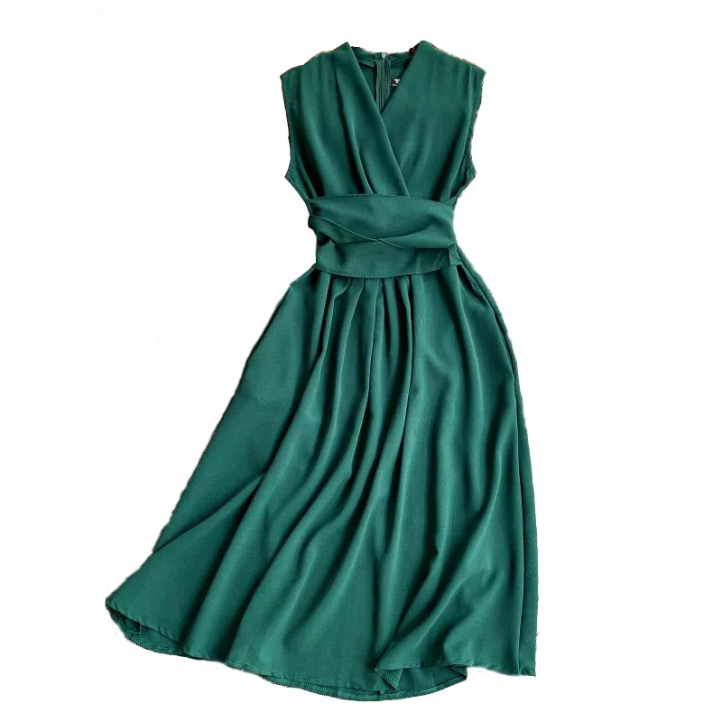 

Sexy Dress Women Summer 2020 New V-Neck Sleeveless Dresses Solid Slim Waist Chic Mid Long Party Dress Female Vestidos J100