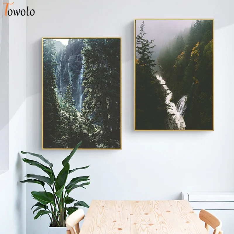 Пейзаж с рисунком леса реки холст живопись туманная ель елка Осенний постер