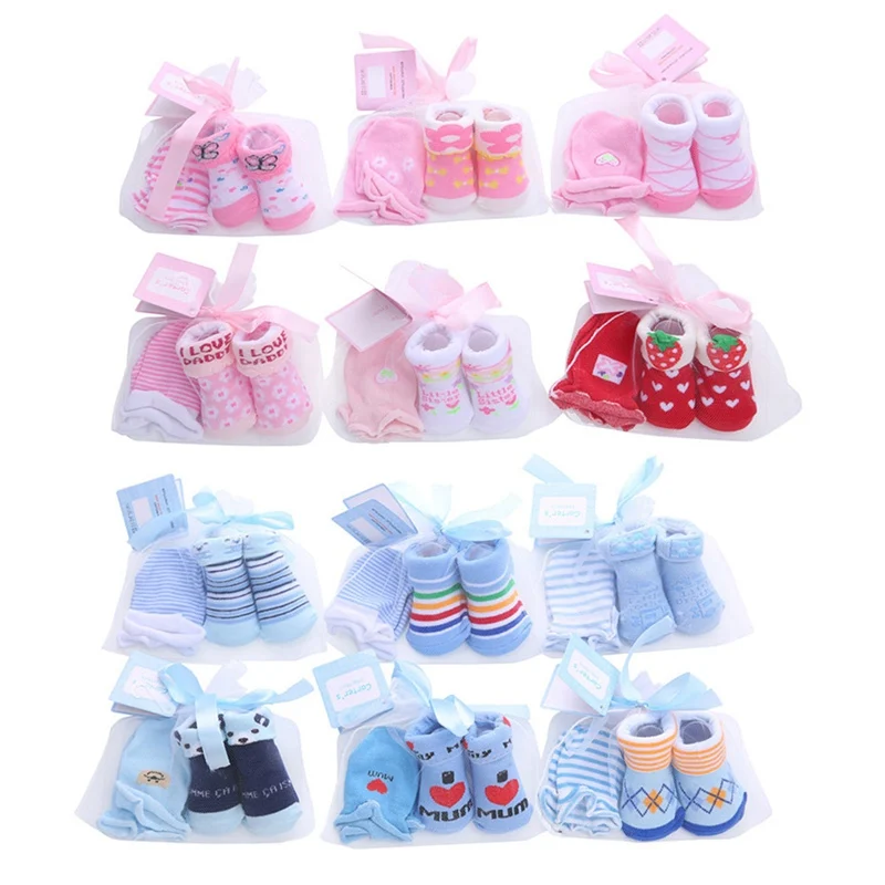 Newborn Socks + Anti-grab Gloves Set Cute Cartoon Spring Autumn Baby Striped Dot Cotton For 0-12 Months |