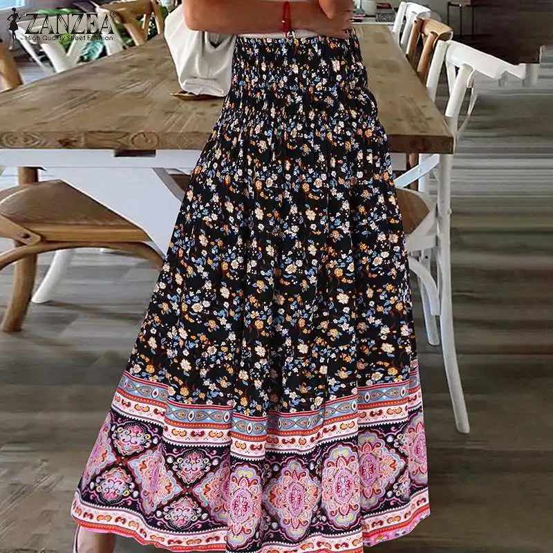

ZANZEA Women Bohemian Printed Skirts 2021 Summer Elastic Waist Maxi Skirts Casual Ladies A-line Bottoms Oversize Holiday Skirts