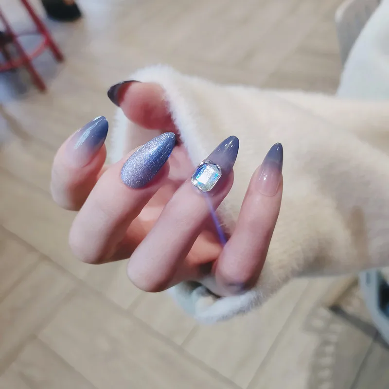 

Fake Nails Sea Blue Long Flashing Big Diamonds Nail Stickers Finished Nail Stickers 24 Pcs Nail Stickers With Glue STTX889