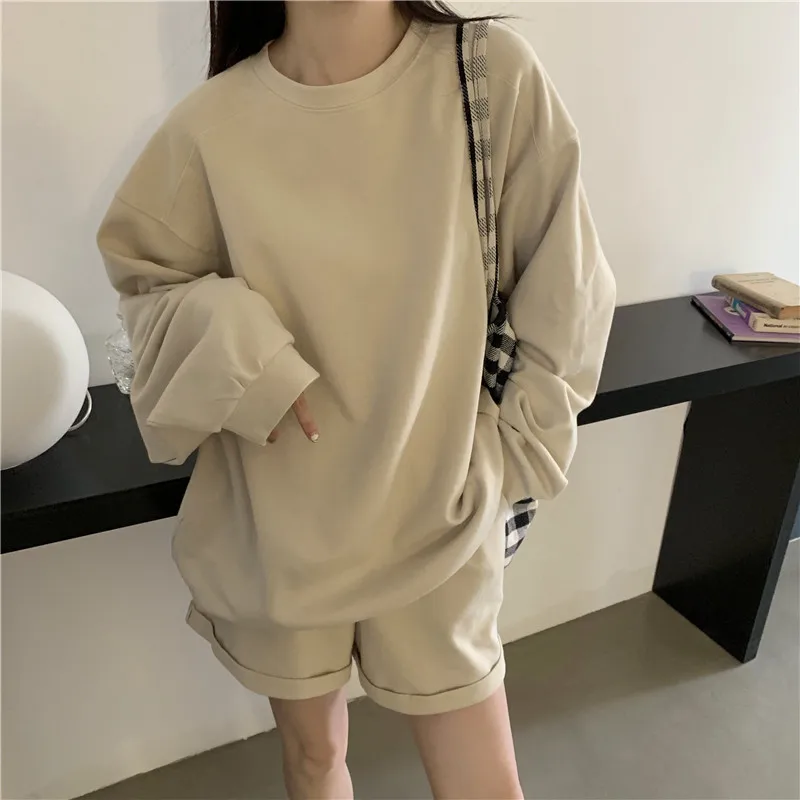 

Осенняя Повседневная однотонная одежда, Женский комплект из двух предметов, свитер с длинным рукавом + шорты, спортивные костюмы, модный спо...