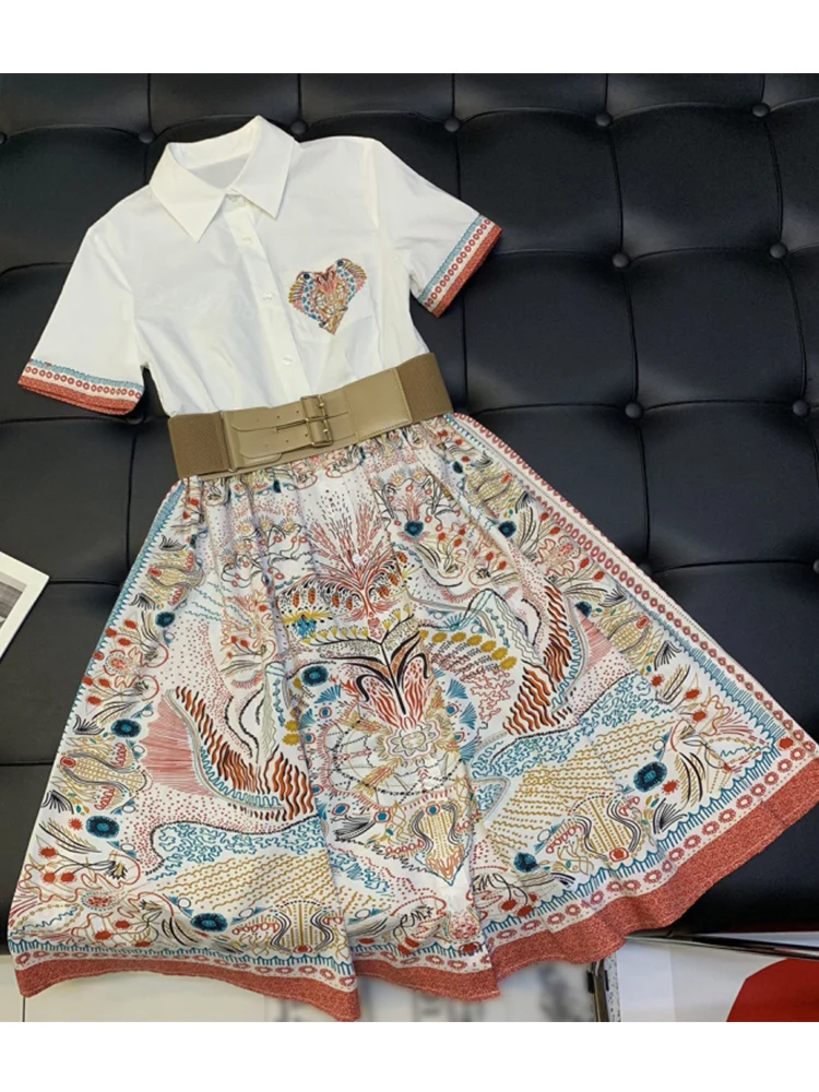 

Catwalk style lapel single-breasted belted waist retro printed high-waisted dress ladies summer new loose-fitting tutu skirt