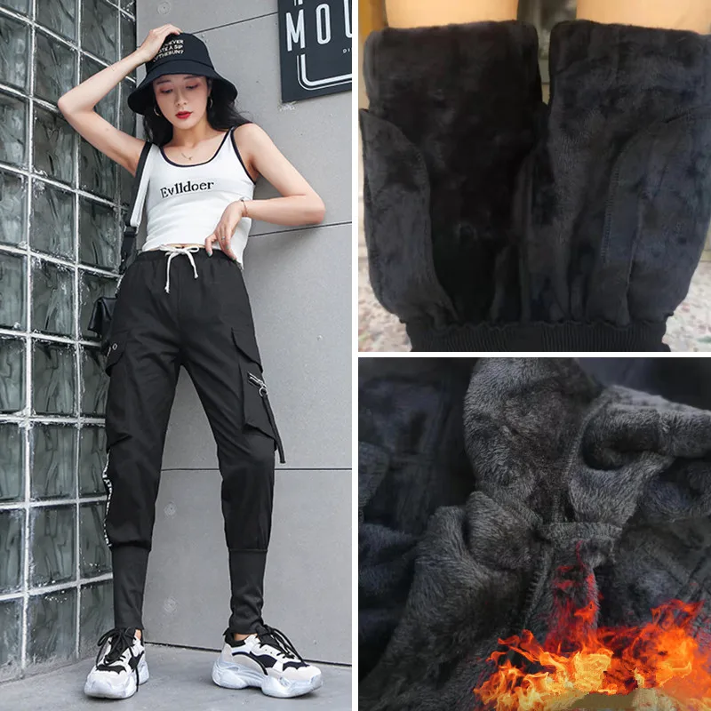 

2019 Women Fleece Cargo Pants Elastic Waist Letters Printed Thicken Warm Sport Harem Pants Female Red Trousers Streetpants P9249