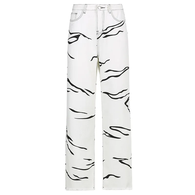 

Women's Jeans 2021 Summer High Waist Straight Denim Pants Casual Vintage Baggy Streetwear Water Ripple Jean Trouser