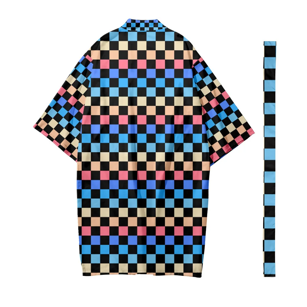 Мужское длинное кимоно в японском стиле кардиган мужское шотландскую клетку