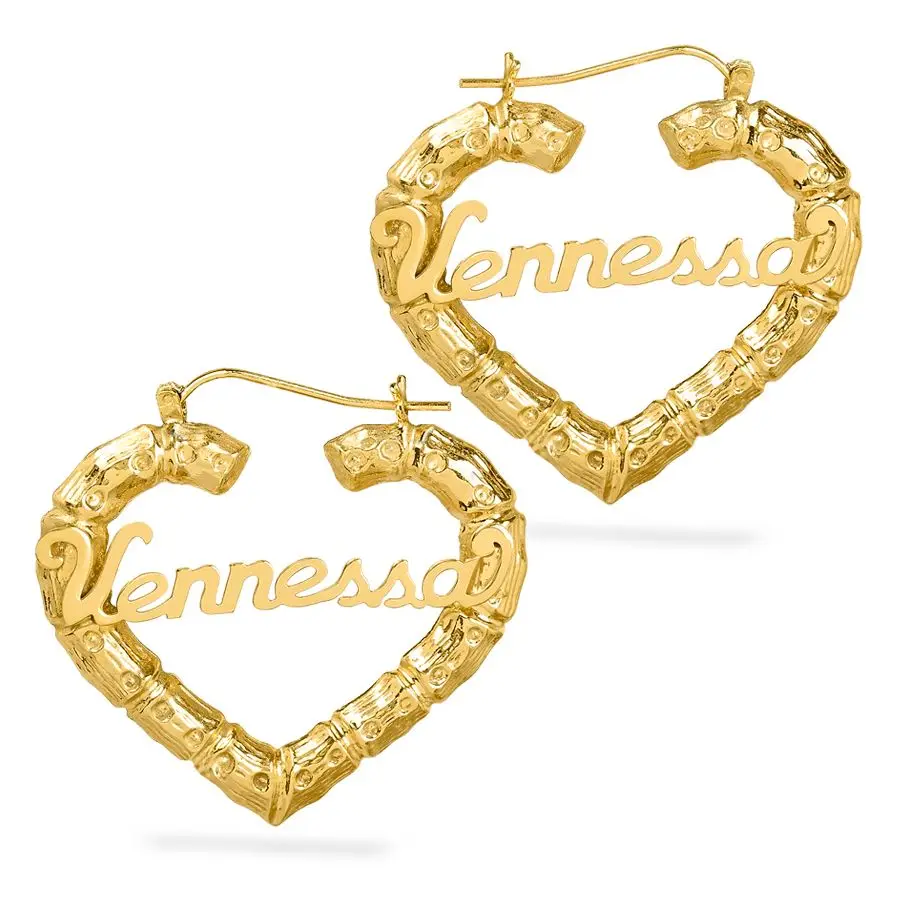 Custom Bamboo Name Earrings Double Gold Plated Stainless Steel Name Heart-shaped Earrings Personalized Jewelry Gift For Women