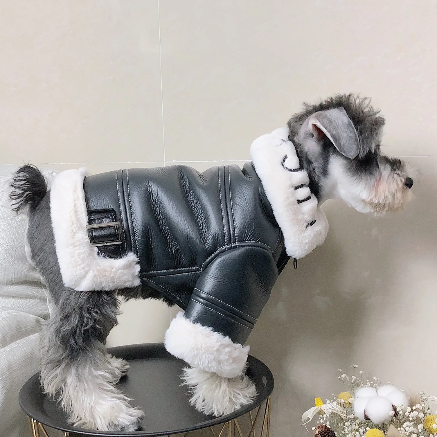 

Fashion Pet Dog PU Jacket Winter Warm Fur Collar Coat For Small Medium Dogs Schnauzer Frenchie Bulldog Hoodie Doggie Clothes
