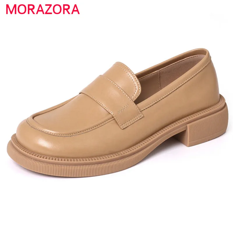 

MORAZORA 2022 New Arrive Beige Genuine Leather Shoes Women Loafers Round Toe Slip On Comfortable Casual Flat Shoes Ladies