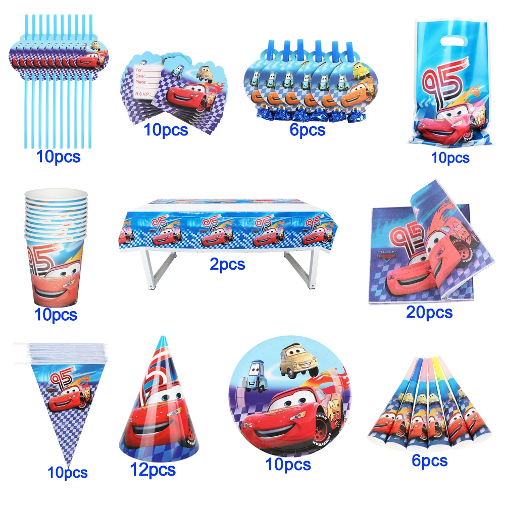 

Racing Theme Cartoon Cars Lightning McQueen Party Disposable Tableware 106Pcs Tablecloth Paper Plates Cups Birthday Decoration
