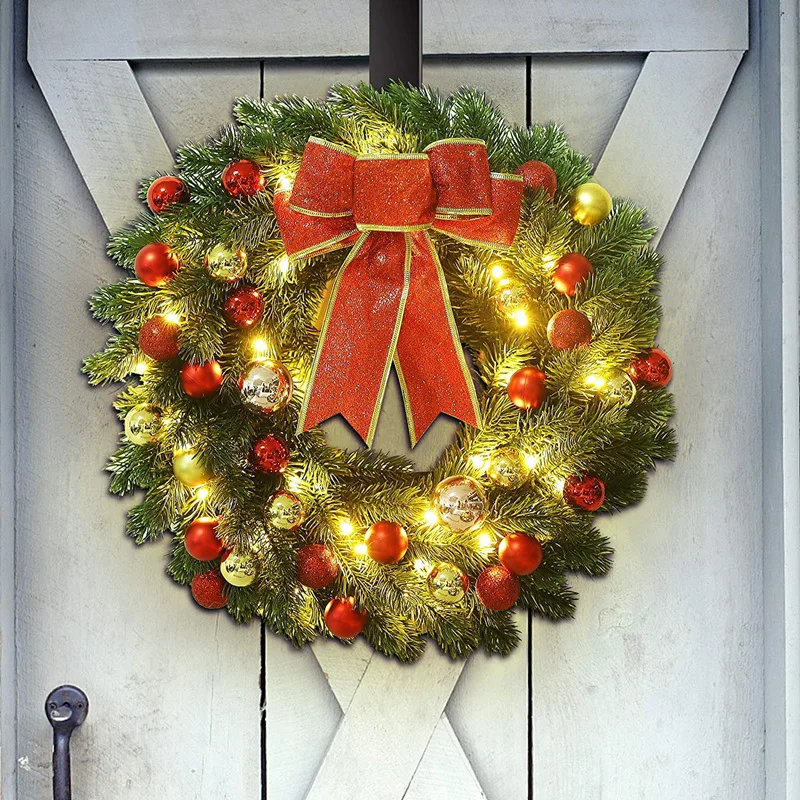 

2022 Рождественский венок с бантом светодиодный батарейки, светодиодная гирлянда, висячая гирлянда для входной двери, праздничные украшения ...