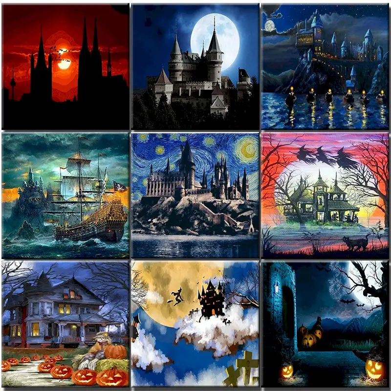 

Night View Oil Painting By Numbers Castle Diy Acrylic Paint Handpainted Pictures Coloring Home Decor Landscape Kit Wall Art Gift