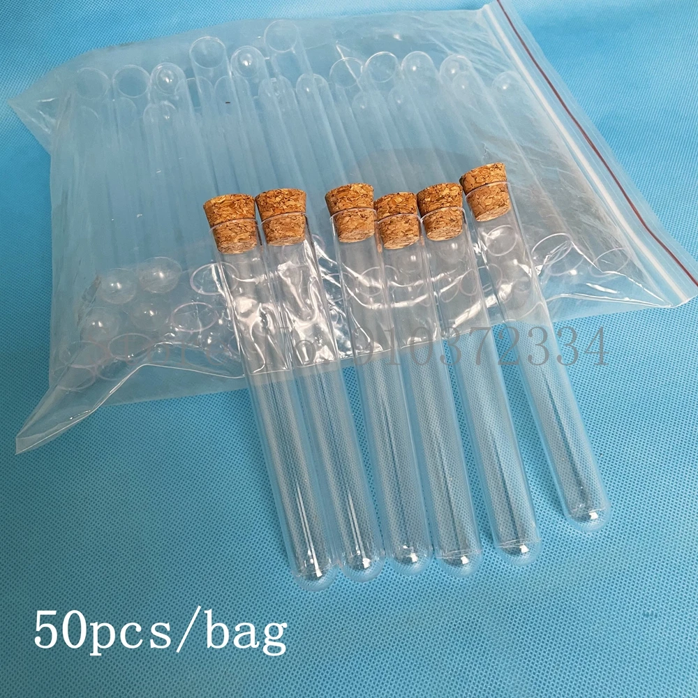 

50pcs 20x150mm Transparent Plastic Test Tube with Cork Stopper U-Shape Bottom Wedding Favours Spice Vial with Scale